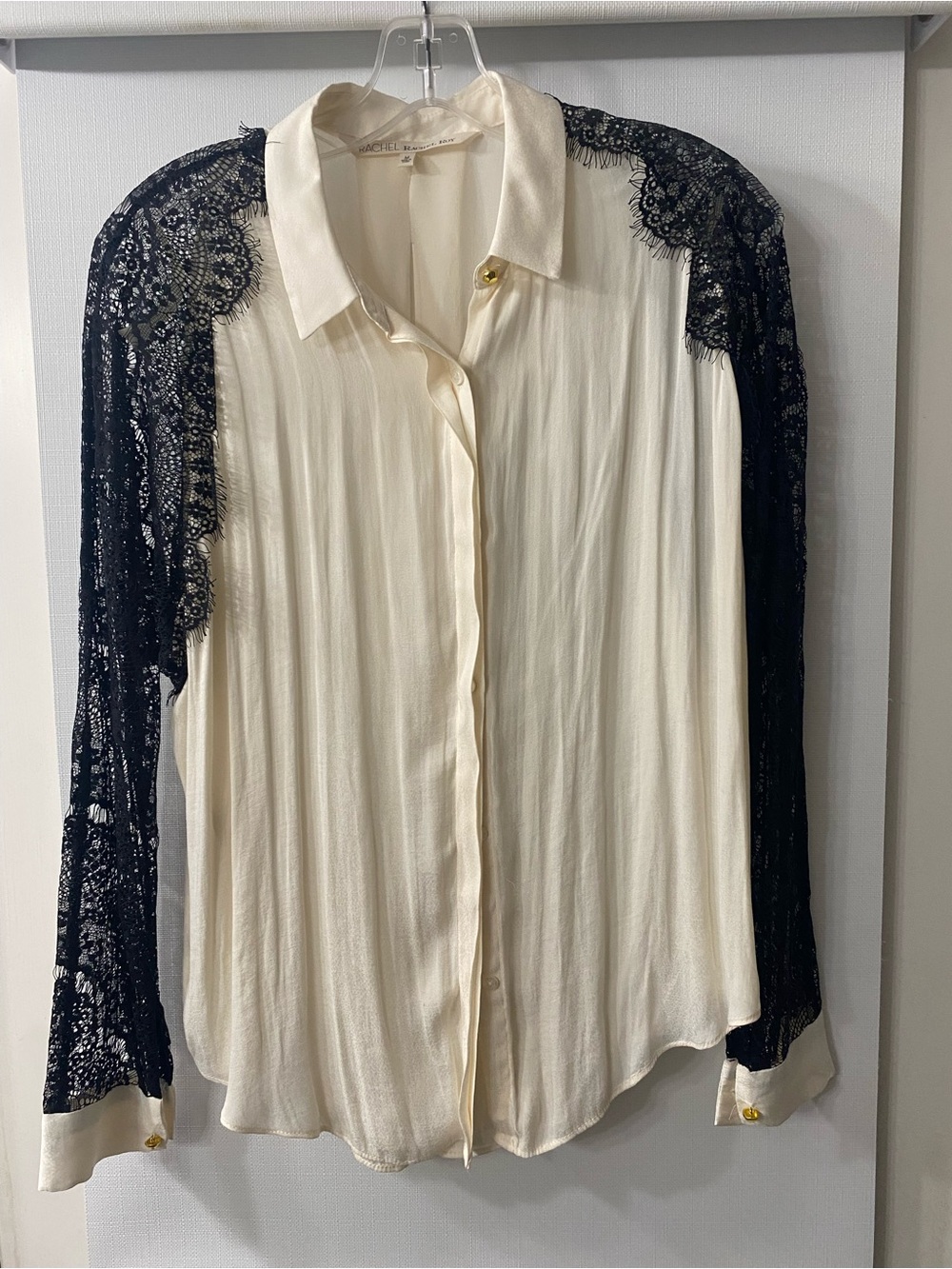 RACHEL Rachel Roy Cream Button-Front Blouse with Black Lace Sleeves